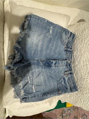 Free People Distressed High-Waist Denim Shorts - Light Blue